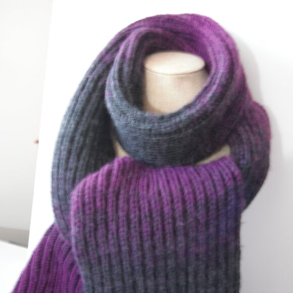 Hand Knit Scarf Long Warm Wool Blend Purple/Grey Hand knit by me - Picture 2 of 3